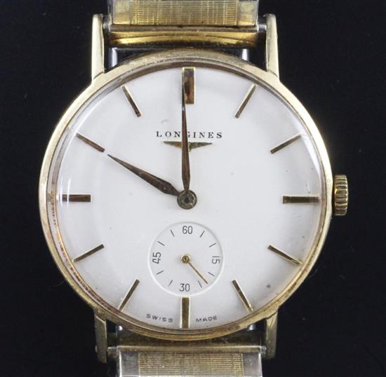 A gentlemans 1950s 14ct gold Longines manual wind wrist watch,